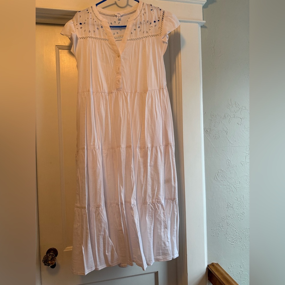 White Eyelet Tiered Lined Midi Dress, L